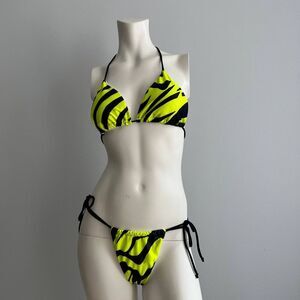 Swimwear Women Black & Neon Zebra Brazilian Triangle Two Piece Swimsuit Size M‎
